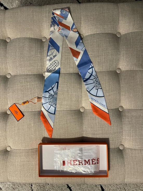Hermes Other - Hermes Blue, White & Orange Silk Twilly Scarf